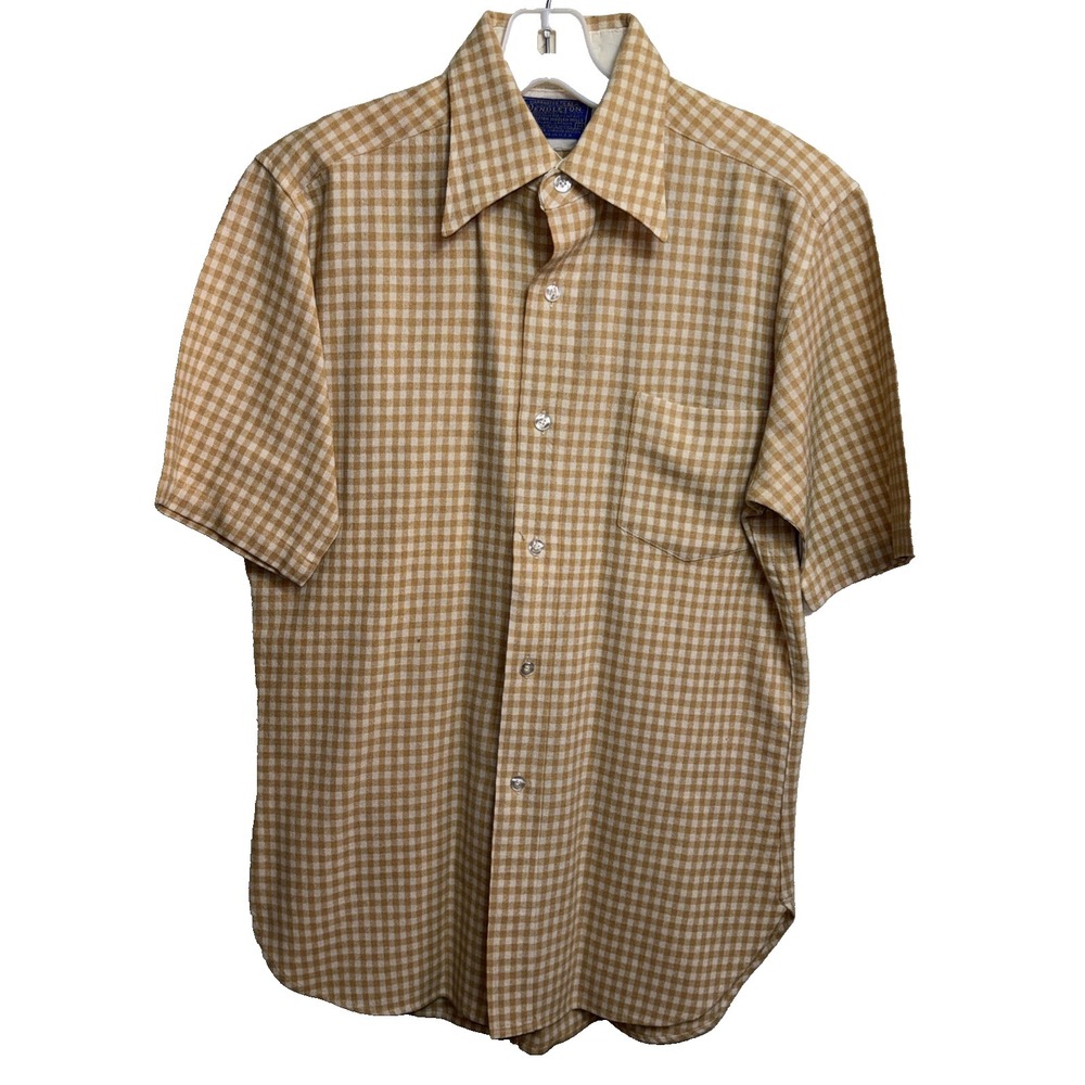 Vtg Pendleton Wool Shirt M Yellow Gingham Check Plaid S/S 100% Virgin Wool Cabin
